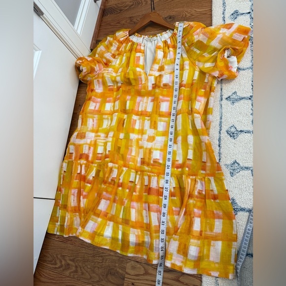 Marie Oliver Greta Puff Sleeves Golden Madras Mini Dress Sz Large - Picture 13 of 14